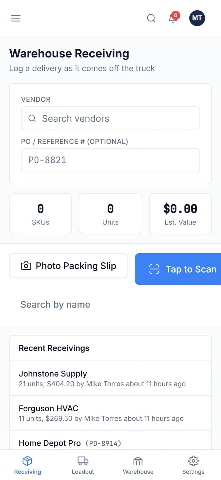 Warehouse receiving on a phone with vendor, PO number, and tap to scan